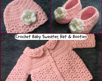 CROCHET BABY SWEATER Baby Hat Baby Booties Handmade Crochet Baby Outfit Baby Homecoming Pastel Pink Infant Sweater Keepsake Heirloom