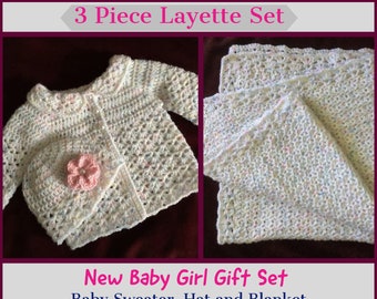 BABY LAYETTE SET Crochet Sweater Hat and Blanket Handmade Crochet Baby Blanket Gift for Baby Newborn Gift Baby Homecoming Baby Shower Gift