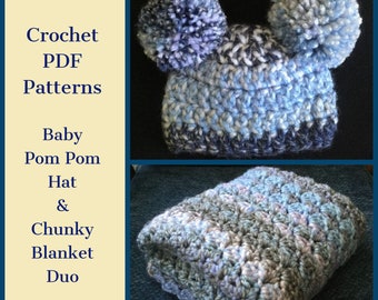 CROCHET PDF PATTERN Baby Pom Pom Hat Pattern Crochet Chunky Baby Blanket Printable Pattern Instant Download Gift for Baby 2 Hat Sizes