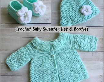 CROCHET BABY SWEATER Baby Hat Baby Booties Handmade Crochet Baby Outfit Baby Homecoming Mint Color Infant Sweater Keepsake Heirloom