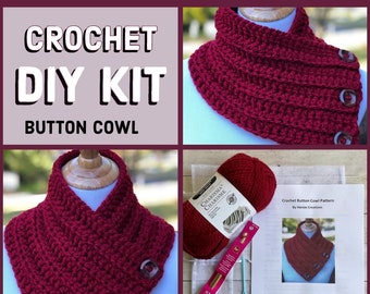 Crochet Button Cowl DIY KIT Complete Crochet Cowl Kit Make Your Own Boston Harbor Scarf Crochet Pattern Yarn Hook DIY Project