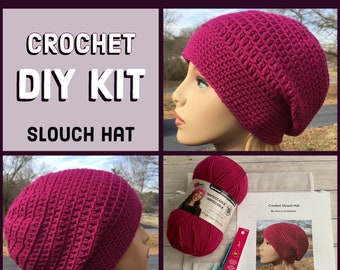 Crochet Slouch Hat DIY KIT Slouchy Beanie Crochet Kit Make Your Own Slouch Hat DIY Crochet Beanie Kit Printed Crochet Pattern Yarn/Hooks