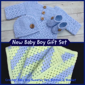CROCHET BABY SWEATER Crochet Baby Boy Sweater Booties Hat & Blanket Set Baby Layette Blue C2C Granny Square Baby Blanket Baby Homecoming
