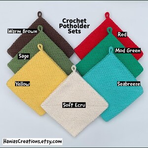 May include: Set of crocheted pot holders in various colors, including warm brown, sage, yellow, soft ecru, seabreeze, mod green, and red.  Crochet Potholder Sets.