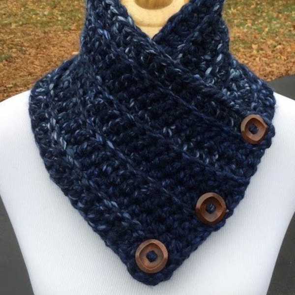 CROCHET BUTTON COWL Super Bulky Boston Harbor Scarf Chunky Wool Blend Functional Buttons Cowl Handmade Neck Warmer in Color River Run