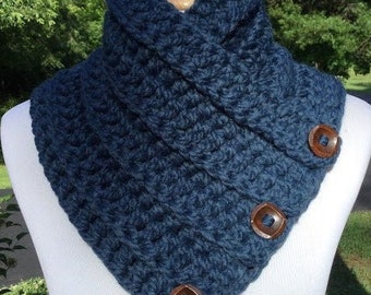 CROCHET BUTTON COWL Super Bulky Boston Harbor Scarf Chunky Wool Blend Functional Buttons Cowl Handmade Neck Warmer in Color Denim