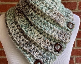 CROCHET BUTTON COWL Super Bulky Boston Harbor Scarf Chunky Wool Blend Functional Buttons Cowl Handmade Neck Warmer in Color Seaglass