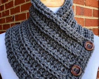 GRAY BUTTON COWL Crochet Bulky Boston Harbor Scarf Functional Wood Buttons Cowl Crochet Neck Warmer Gift For Her Winter Accessory