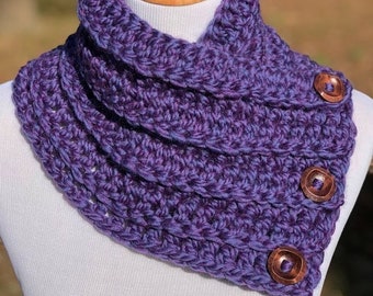 CROCHET BUTTON COWL Super Bulky Purple Boston Harbor Scarf Handmade Cowl With Functional Wood Buttons Cozy Wool Blend Cowl In Color Velvet