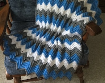 CROCHET BABY BLANKET Chevron Stitch Ripple Afghan Handmade Crochet Baby Boy Blanket in Blue Gray White Baby Shower Gift for Baby Lap Throw