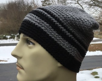 CROCHET MEN'S BEANIE Skull Cap Handmade Beanie Slightly Slouchy Hat Gift For Him Winter Hat Gray Black Beanie