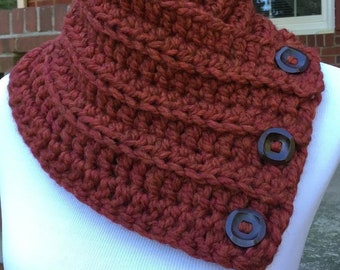 CROCHET BUTTON COWL Super Bulky Boston Harbor Scarf Chunky Wool Blend Functional Buttons Cowl Handmade Neck Warmer in Color Spice