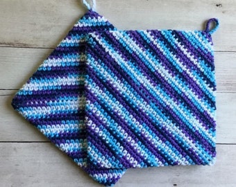 CROCHET POTHOLDERS Eco Friendly 100 Percent Cotton Hot Pads Double Thickness Handmade Pot Holders Variegated Shades White Blue Purple Navy