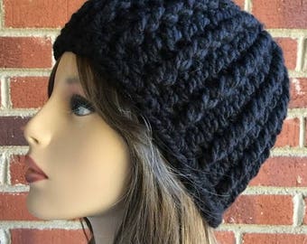 Crochet Bulky Beanie Chunky Crochet Hat Handmade Crochet Beanie Black Beanie Gift for Her Women's Gift Teen Hat Reversible Chunky Hat