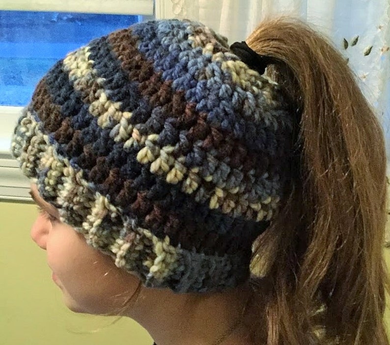 Crochet ponytail hat handmade bulky messy bun beanie runners hat in shades of blue brown and off white