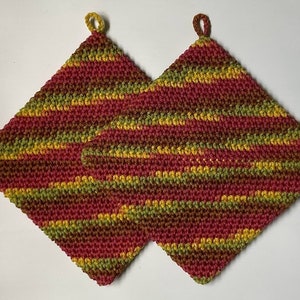 CROCHET POTHOLDERS Eco Friendly 100 Percent Cotton Hot Pads Double Thickness Handmade Pot Holders in Variegated Shades of Autumn Leaves