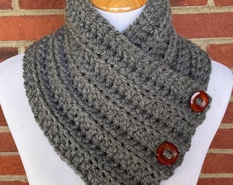 CROCHET GRAY COWL Bulky Boston Harbor Scarf Crochet Cowl With Functional Wood Buttons Handmade Neck Warmer Gift For Her Christmas Gift