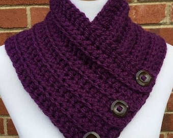 CROCHET BUTTON COWL Bulky Boston Harbor Scarf Purple Functional Buttons Cowl Handmade Crochet Neck Warmer Gift For Her Winter Accessory