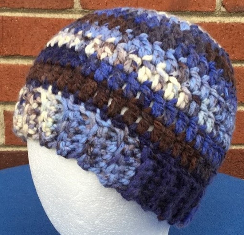 Crochet ponytail hat handmade bulky messy bun beanie runners hat in shades of blue brown and off white