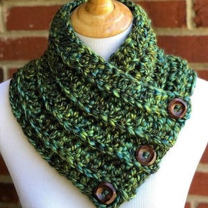 CROCHET BUTTON COWL Super Bulky Boston Harbor Scarf Crochet Chunky Cowl With Wood Buttons Cozy Wool Blend Neck Warmer in Color &quot;Earth Tones&quot;