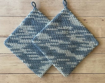 CROCHET POTHOLDERS Eco Friendly 100 Percent Cotton Hot Pads Double Thickness Handmade Pot Holders Shades of Blue Housewarming Kitchen Gift
