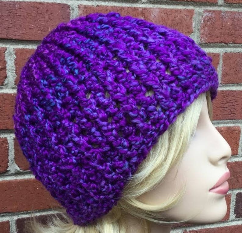 Crochet purple beanie handmade hat made with homespun yarn in color purple haze
