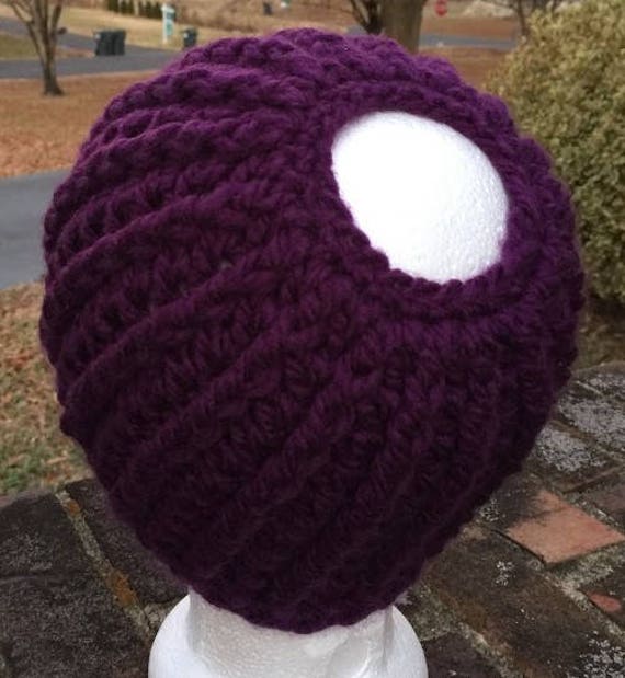 Crochet Purple Ponytail Hat Handmade Bulky Messy Bun Beanie Etsy