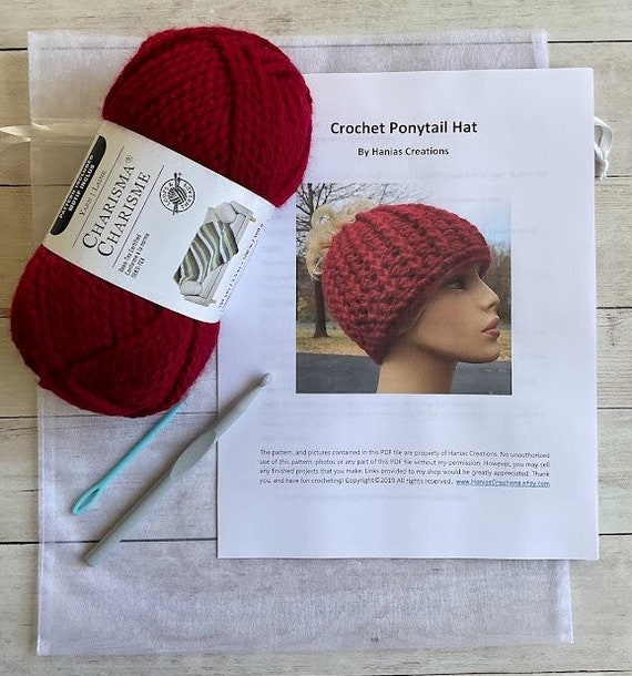 Crochet Ponytail Hat DIY KIT Messy Bun Crochet Kit Make Your Own