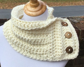 CROCHET BUTTON COWL Boston Harbor Scarf Bulky Functional Buttons Cowl Handmade Off White Neck Warmer Gift For Her