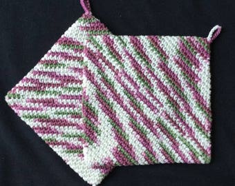 CROCHET POTHOLDERS Eco Friendly 100 Percent Cotton Hot Pads Double Thickness Handmade Pot Holders Variegated Shades of Mauve Green Off White