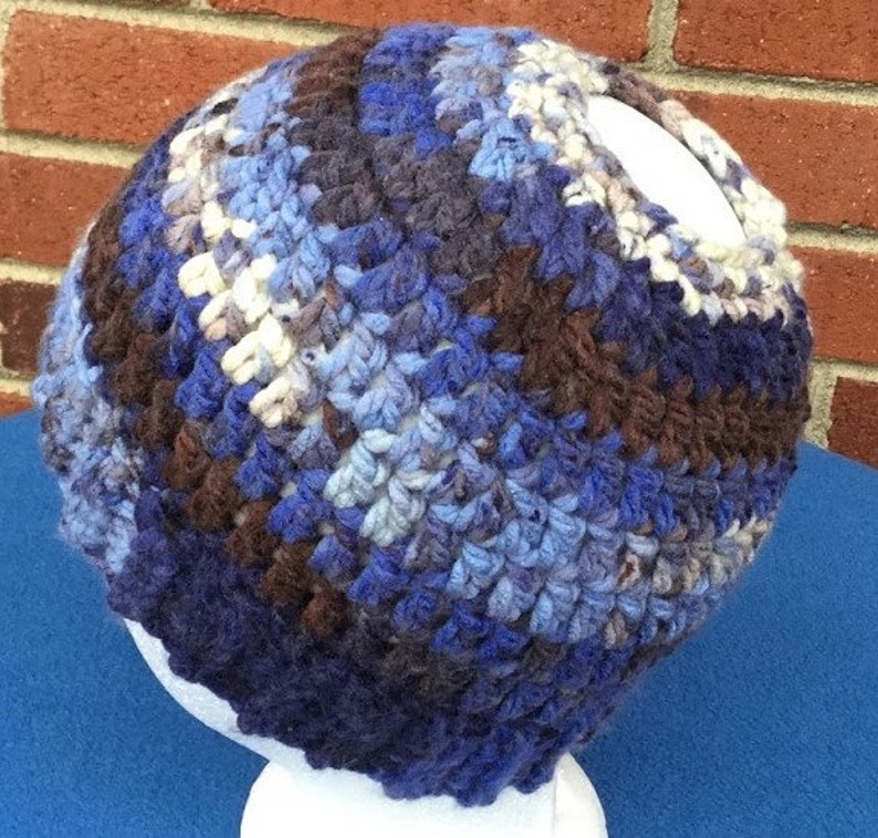 Crochet ponytail hat handmade bulky messy bun beanie runners hat in shades of blue brown and off white