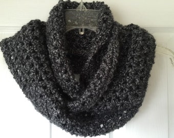 CROCHET INFINITY SCARF Homespun yarn handmade scarf Chunky soft and warm neck warmer in shades of black and gray Gift for her Winter