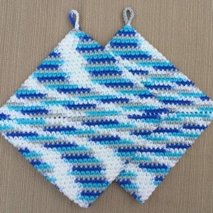 CROCHET POTHOLDERS Eco Friendly 100 Percent Cotton Hot Pads Double Thickness Handmade Pot Holders Variegated Shades of Blue Teal Gray White image 5