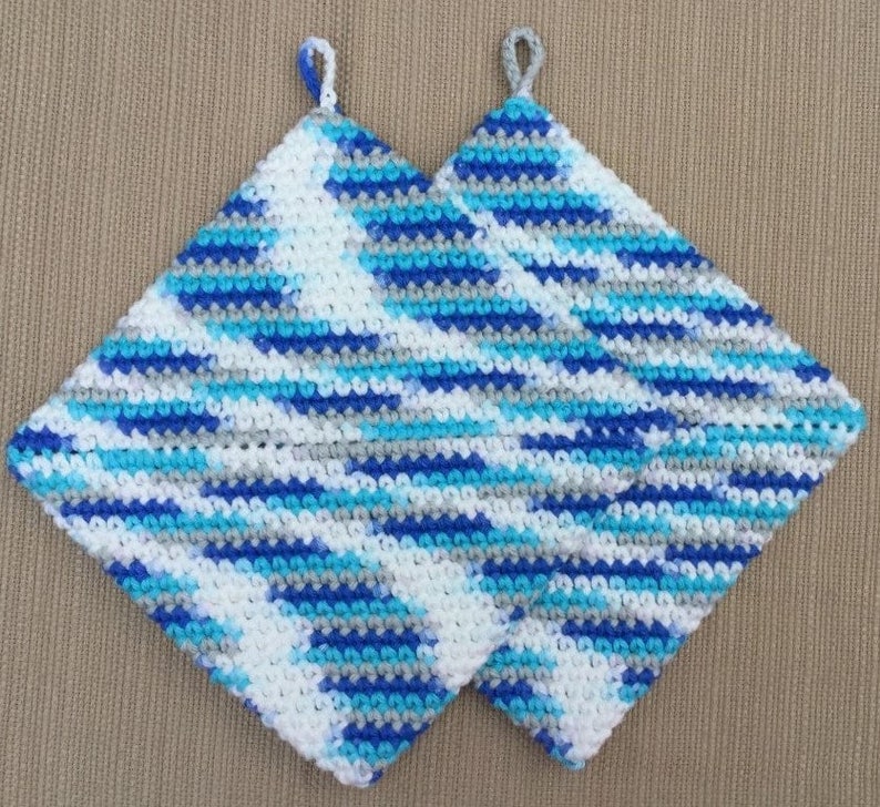 CROCHET POTHOLDERS Eco Friendly 100 Percent Cotton Hot Pads Double Thickness Handmade Pot Holders Variegated Shades of Blue Teal Gray White image 5