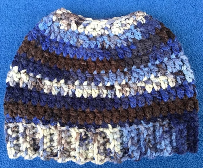 Crochet ponytail hat handmade bulky messy bun beanie runners hat in shades of blue brown and off white
