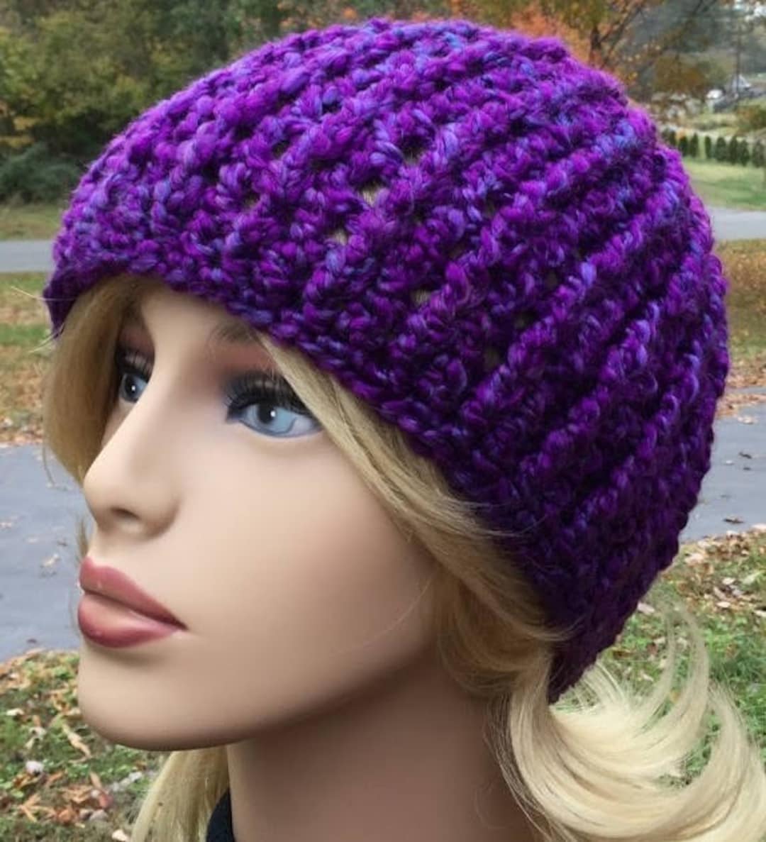 SUNONE11 Women's Purple Flowers Crochet Beanie - Handmade Hollow Knit Hat With Pearls, Unisex