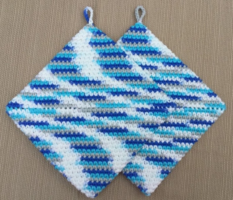 CROCHET POTHOLDERS Eco Friendly 100 Percent Cotton Hot Pads Double Thickness Handmade Pot Holders Variegated Shades of Blue Teal Gray White image 2