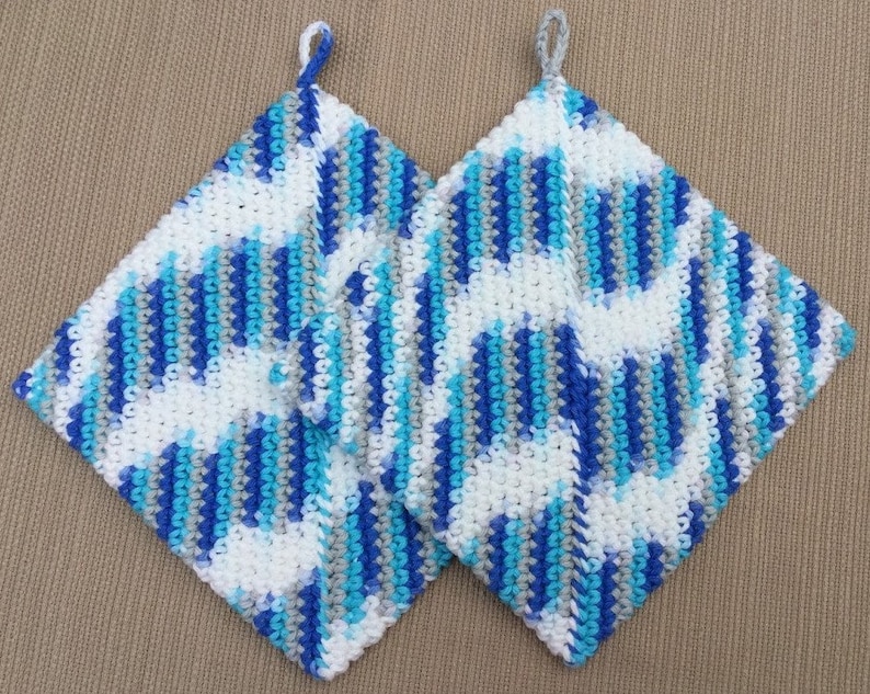 CROCHET POTHOLDERS Eco Friendly 100 Percent Cotton Hot Pads Double Thickness Handmade Pot Holders Variegated Shades of Blue Teal Gray White image 3