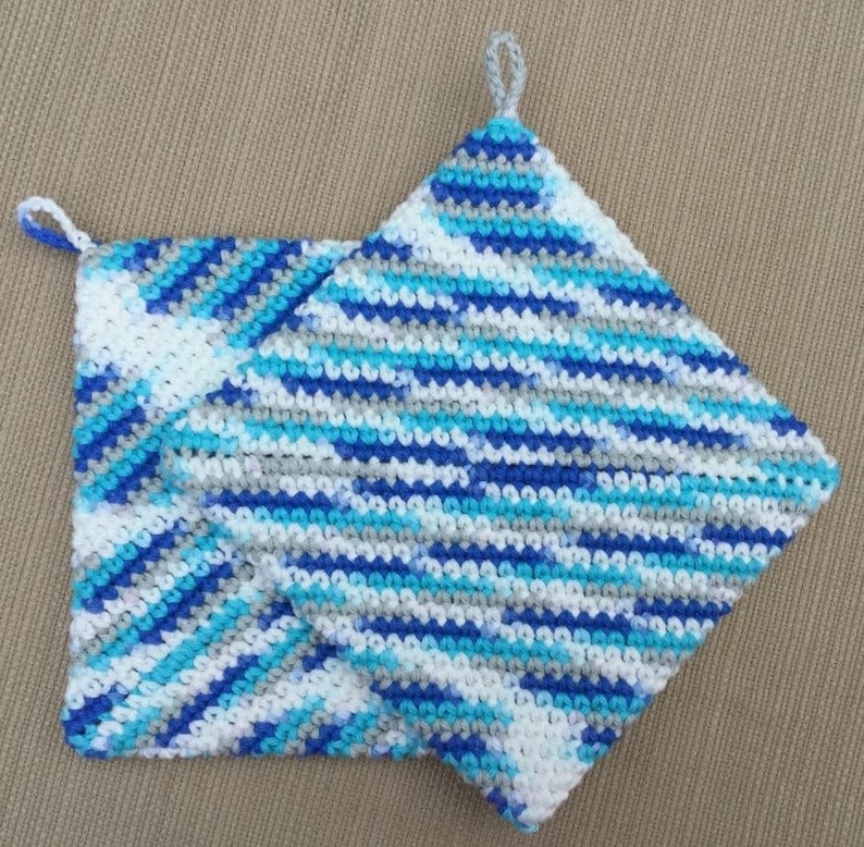 CROCHET POTHOLDERS Eco Friendly 100 Percent Cotton Hot Pads Double Thickness Handmade Pot Holders Variegated Shades of Blue Teal Gray White image 4