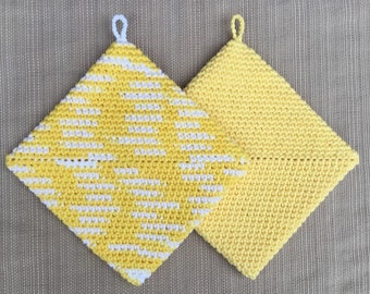 CROCHET POTHOLDERS Eco Friendly 100 Percent Cotton Hot Pads Double Thickness Handmade Pot Holders in Variegated Shades of Yellow and White