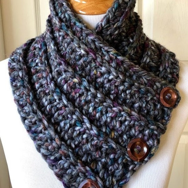 CROCHET BUTTON COWL Super Bulky Boston Harbor Scarf Chunky Wool Blend Functional Buttons Cowl Handmade Neck Warmer in Color Abalone