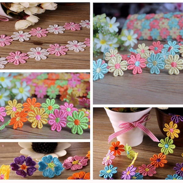 Colourful Gerbera Daisy Flower Chain Venice Lace Trim Applique Patch 1/2" 1" Rustic Country Boho Sewing Decor Headband Bow Choker Necklace