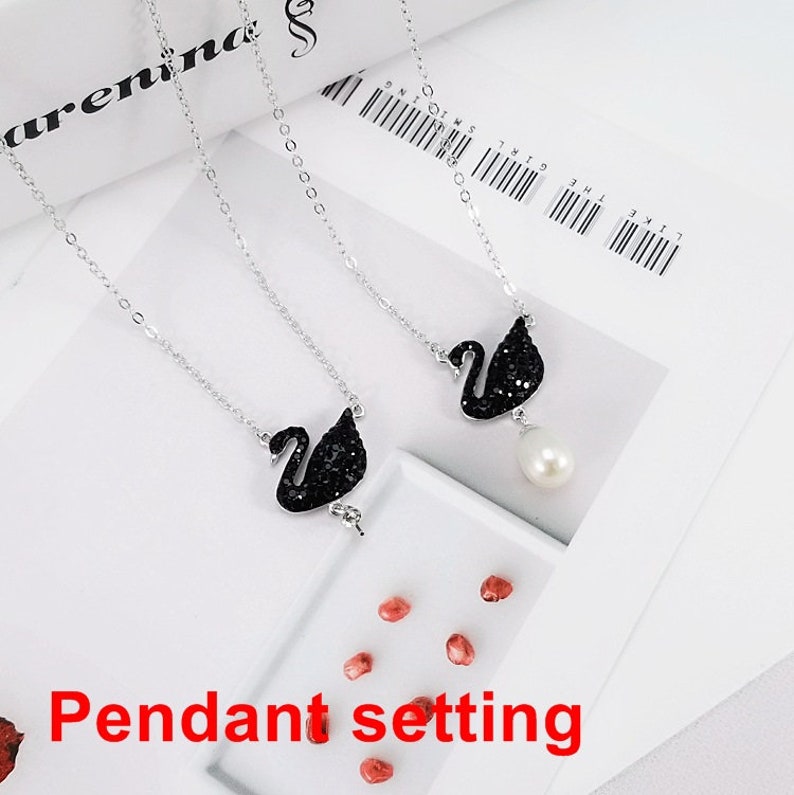 Sterling Silver Bezel Black Crystals Swan Shaped Dangle Cup Pendant Setting Fine 925 7 mm For One Pearl Bead No Prongs DIY Jewelry Wholesale