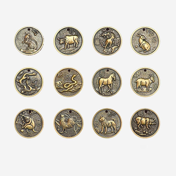 Solid Brass Chinese Zodiac 30 mm 1 1/8 inch Twelve New Year Sign Animal Charms Pendants Gift Keychain Neclace Copper Wholesale Bulk DIY