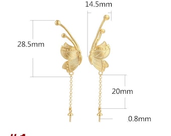 Boucles d'oreilles pendantes en forme de papillon en argent sterling 925 et or 14,5 x 28,5 mm pour une perle percée, DIY, bijoux vintage