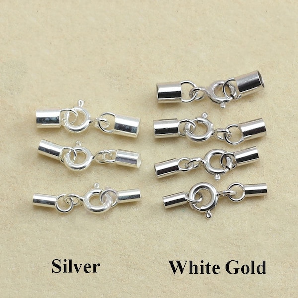 Solid 925 Sterling Silver Leather Tube Cord Chain Glue End Cap/Tips Set Spring Ring Clasp for Kumihimo Bracelet Necklace 1.5-4mm Bulk Lot