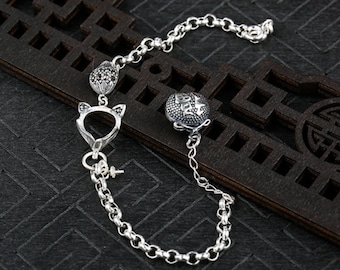 Retro Fox Teardrop Base Bracelet Setting Tray Bulk Sterling Silver Fine 925 8x10mm For Two Stones Beads Adjustable DIY Jewelry Wholesale