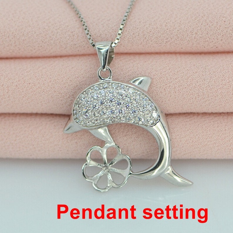 Sterling Silver Crystals Dolphin Shaped Dangle Cup Pendant Blank Setting Fine 925 9.5 mm For One Pearl Bead No Prongs DIY Jewelry Wholesale