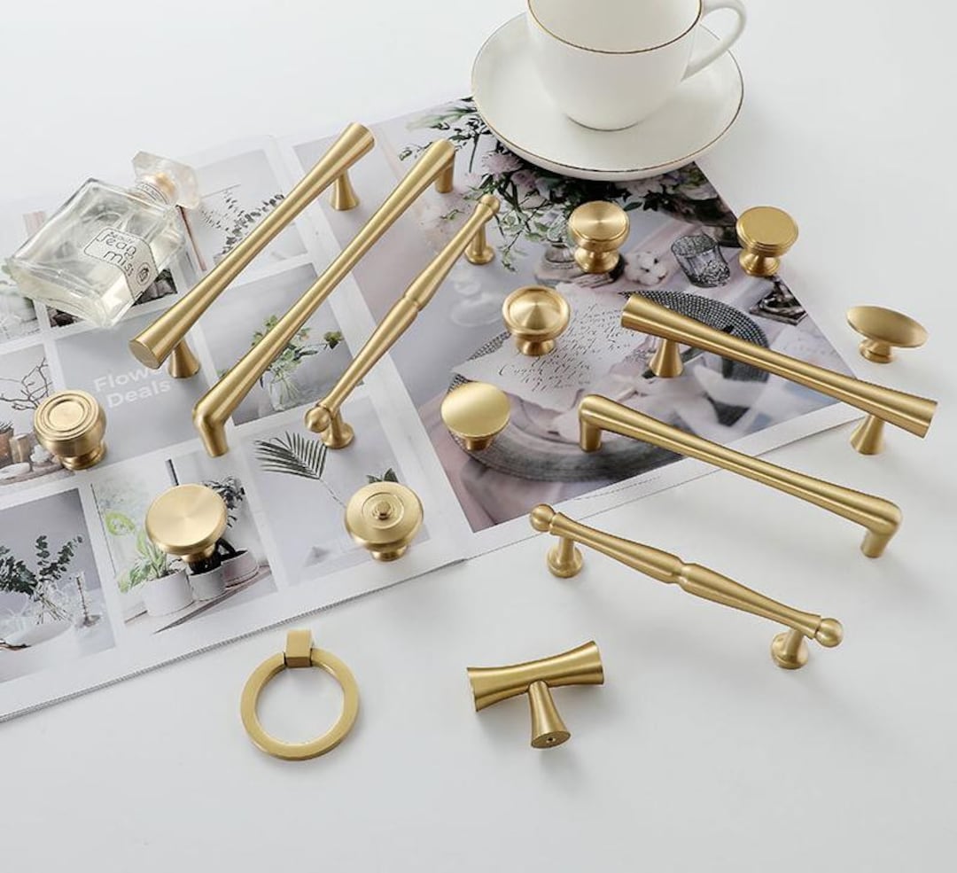 Modern Scandinavian Cabinet Handles Knobs Set Gold Solid Brass ...
