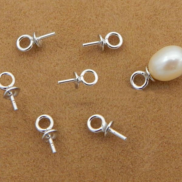 Solid 925 Sterling Silver Mount Earring Post Stud Setting Round Half-Drilled Pearl Cup with Peg and Loop Dangle Bail Bulk Lot